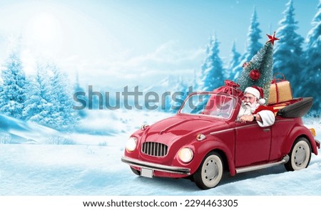 Santa Claus drives the red toy car and delivers presents and christmas tree at snow background with snow drifts and snow-covered forest. Christmas or new year background. Holidays card. Copy space.