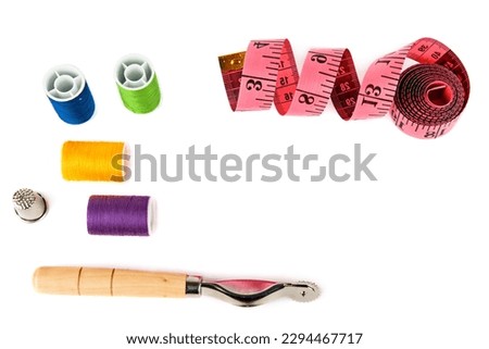 Sewing accessories isolated on white background. Collage. Free space for text. Royalty-Free Stock Photo #2294467717