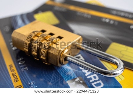 Credit card with password key lock, finance security concept.