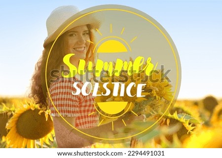 Woman in sunflower field on sunny day. Summer solstice Royalty-Free Stock Photo #2294491031