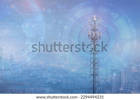 Signal tower or Mobile phone tower .Telecommunication tower with 5G cellular network . Glbal connection and internet network concept.on city background. Royalty-Free Stock Photo #2294494231