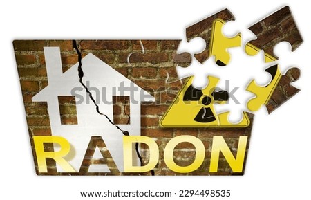 The danger of radon gas in our homes - Jigsaw solution concept with an outline of a small house with radon text against a damaged cracked brick wall and radiation hazard sign 