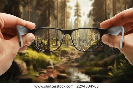 Close up of male hands holding and looking through the glasses at the forest, eyesight concept. Royalty-Free Stock Photo #2294504985