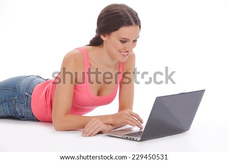 Beautiful young woman with laptop  on white backgraund