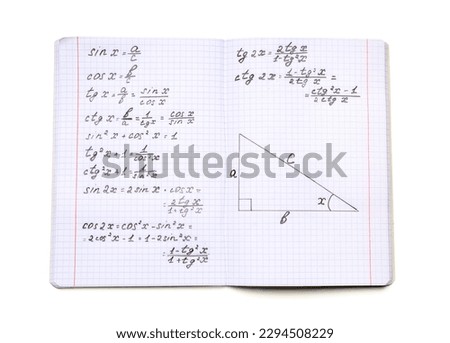 Copybook with maths formulas isolated on white background