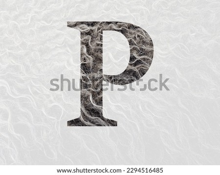 Letter P of the alphabet made with curly hear of the wool of a sheep, with colors brown, white and beige