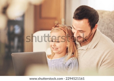 Tablet, dad and child learning on a kids education app on a living room sofa at home. Parent love, digital support and care from father and young girl looking at a cartoon and educational video