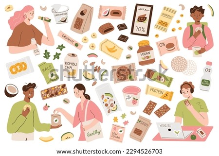 Healthy organic snacks to buy, vegans eating granola bars, dry fruits, store bought protein packed food, tasty sugar-free snack icons, hand drawn vector illustrations of packaged fortified desserts Royalty-Free Stock Photo #2294526703