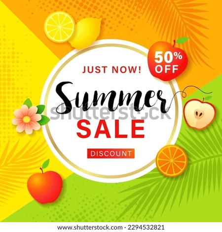 Summer sale, geometric banner with tropic fruits and palm tree leaf. Vector illustration