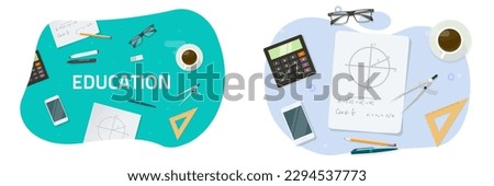 School table desk top view vector with math homework education graphic design, education desktop concept above flat lay cartoon illustration, study algebra learning college workspace image clipart Royalty-Free Stock Photo #2294537773