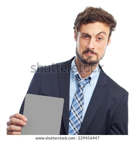 young crazy businessman holding a gray card
