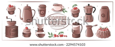 Set of coffee elements. Coffee maker, French press, pot, coffee maker, coffee grinder, cup, cake. Collection vector illustrations for cafe menu and restaurant, card, sticker kit. 