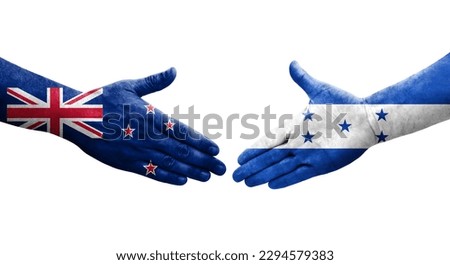 Handshake between Honduras and New Zealand flags painted on hands, isolated transparent image.