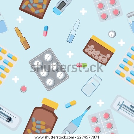 Medicine and pharmacy seamless pattern with pills, capsules, ampoule, tubes. Vector background in flat style. Royalty-Free Stock Photo #2294579871
