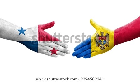 Handshake between Moldova and Panama flags painted on hands, isolated transparent image.