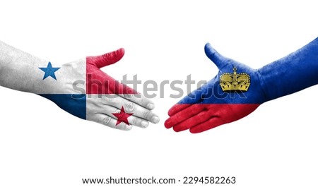 Handshake between Liechtenstein and Panama flags painted on hands, isolated transparent image.