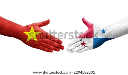 Handshake between Panama and Vietnam flags painted on hands, isolated transparent image.