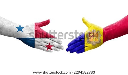 Handshake between Andorra and Panama flags painted on hands, isolated transparent image.