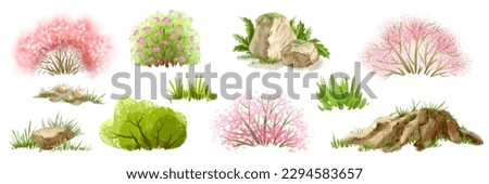 Cute environmental elements among which trees, bushes, grass, stump, stone overgrown with moss jpeg clipart set on a white background, Summer plant digital file greenery watercolor illustration