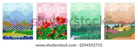 Nature and landscape, contemporary artistic poster. Vector illustration of mountains, trees, plants, fields and farms. For prints, for cover or card designs, art decoration, editable work. Royalty-Free Stock Photo #2294592715