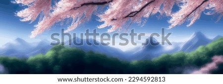 Japanese landscape with sakura trees against the backdrop of mountains and a volcano. beautiful fantasy landscape. vector banner illustration Royalty-Free Stock Photo #2294592813