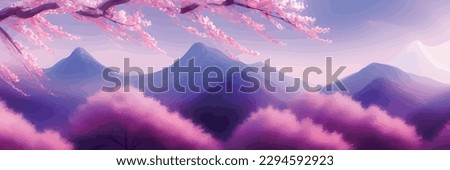 Japanese landscape with sakura trees against the backdrop of mountains and a volcano. beautiful fantasy landscape. vector banner illustration Royalty-Free Stock Photo #2294592923