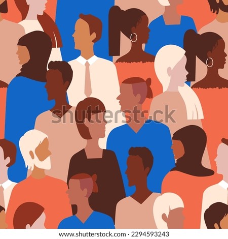 Seamless pattern of diverse interracial group of people standing together. Stop racism concept. Black lives matter. Diversity of religions. Protesting people. Сrowd of people with faces in profile