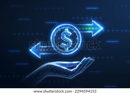Coin and two right left arrows on hand. Financial service, Bank transfer, currency exchange, stock investment, cashback rewards, revenue generation, stock market, money transfer concept. Royalty-Free Stock Photo #2294594153