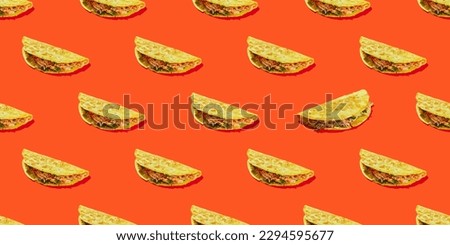 Pattern of corn tortilla tacos stuffed with vegetables and meat on a red background. Traditional Tex-Mex dish