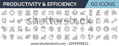 Set of 60 line icons related to productivity and efficiency. Outline icon collection. Linear business and leader symbols. Editable stroke. Vector illustration.  Royalty-Free Stock Photo #2294598813