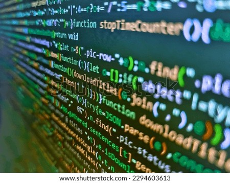 Digital technology on display. . Binary digits code editing. Green color becomes the most dominant color. Computer script. Real Html code developing screen