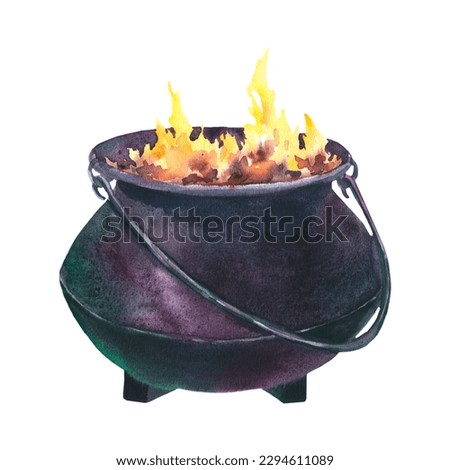 Watercolor Witch Cauldron. Hand painted illustration of Caldron with fire for Halloween clip art. Isolated sketch on white background.