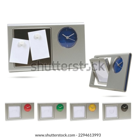 Silver tone metallic body framed, analog round desktop clock on white background. Note paper split 5 alternative colored desk clock.