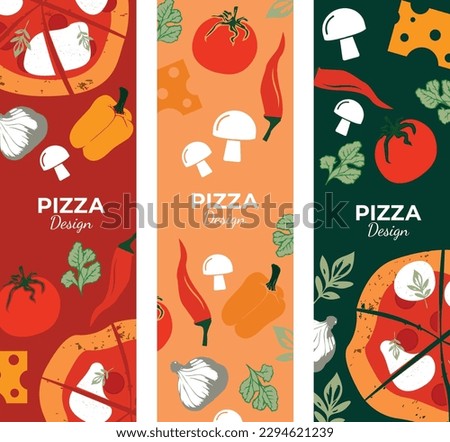 Vector color drawing pizza, tomato, cheese, pepper. Pizza banner template design. Banner, poster, flyer, card. Vector drawing, design elements.
