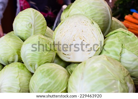 White cabbage on market. Selective focus.