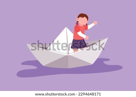 Graphic flat design drawing cute little girl sailing on paper boat. Happy pretty kids having fun and playing sailor in imaginary world. Children playing paper boat. Cartoon style vector illustration