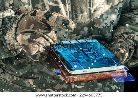 AI Command of the military forces on the tablet computer with augmented reality. Internet, Programming control with artificial intelligence, online coordination of the military team Royalty-Free Stock Photo #2294663775