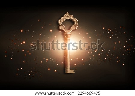 Golden key with glowing lights and dark background, wisdom, wealth concept