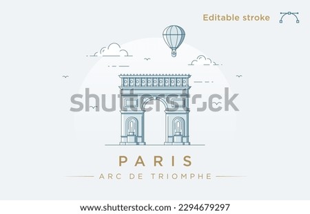 Clean modern line art illustration of the Arc de Triomphe in Paris, France. Minimalist style landmark illustration. Vector art with fully editable stroke lines. Royalty-Free Stock Photo #2294679297