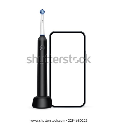 Black Electric Toothbrush on Charger, Smartphone. Mobile Interactive Connection Concept. Vector Illustration
