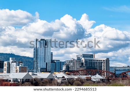 Portland, OR City Skyline in Spring on Sunny Day With Clouds