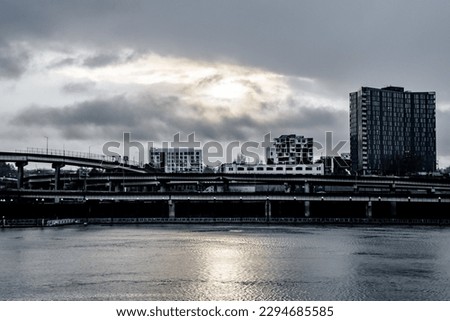 Portland, OR City Skyline and Highway in Morning Along Willamette River