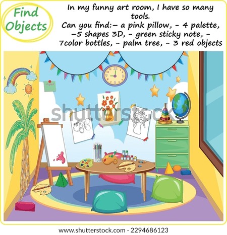 Find Objects Logical Printable Worksheet, Funny Cartoon, My Funny Art Room with so many tools