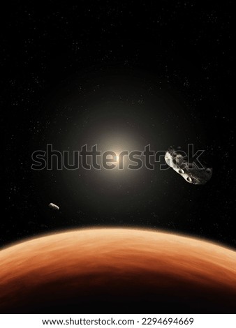 Satellites Phobos and Deimos in the rays of the sun over the surface of Mars. Moons of the red planet, as seen from space. Royalty-Free Stock Photo #2294694669