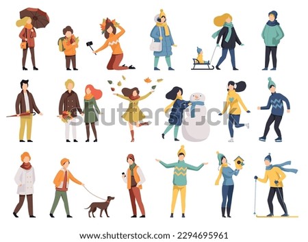 People outdoor activities in winter and autumn seasons set. People wearing warm clothes walking, skiing, skating and making snowman vector illustration Royalty-Free Stock Photo #2294695961