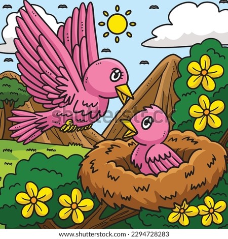 Mothers Day Mama and Baby Bird Colored Cartoon