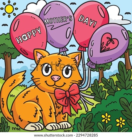 Happy Mothers Day Cat And Balloons Colored Cartoon
