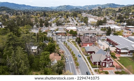 Afternoon aerial view of the historic downtown urban core of Novato, California, USA. Royalty-Free Stock Photo #2294741075