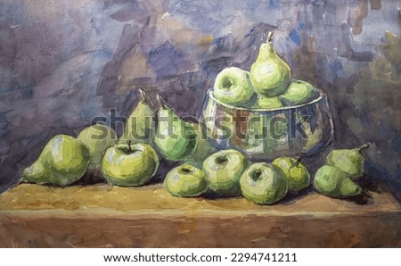 Green apples watercolor painting in the studio. Watercolor painting picture with green apples on the table.