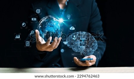 Businessman holding the global digital screen, digital layer effect, business strategy analytic concept, Big data, Cloud computing, Security computer network,data-driven organization.AI, Royalty-Free Stock Photo #2294762463